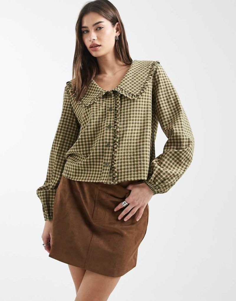 Oversize-Hemd in Khakibraun kariert mit Kragen-Brown Brown 36