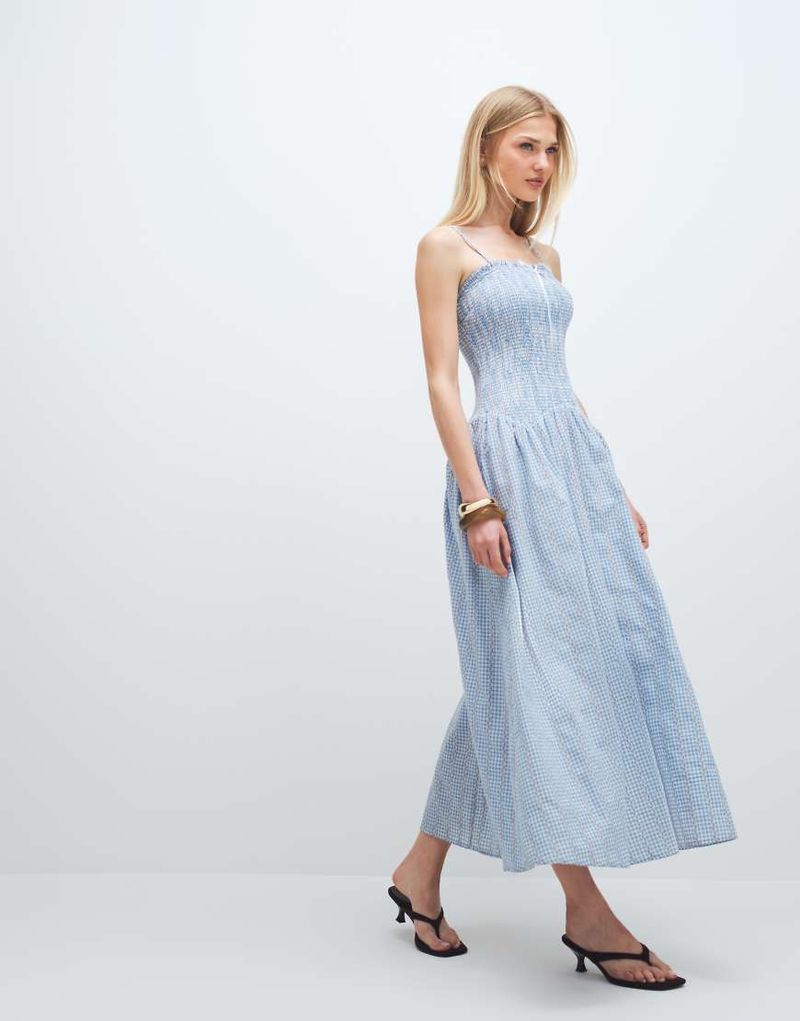 Street - Robe froncée longue à taille basse et carreaux vichy et petites fleurs - Bleu-multicolore 42