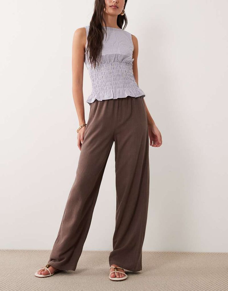 Exclusivité - - Pantalon ample en lin mélangé avec cordon de serrage à la taille - Chocolat-Brown 42