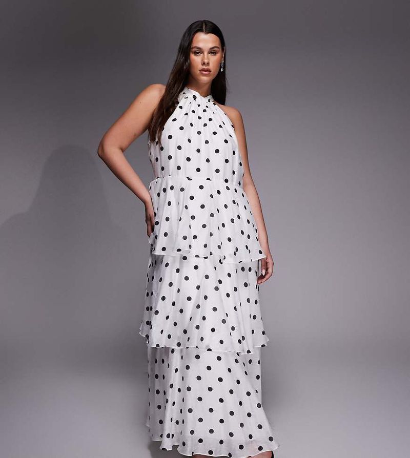 Gestuftes Midaxi-Kleid in Weiß mit Neckholder und Polka Dots Weiß 48