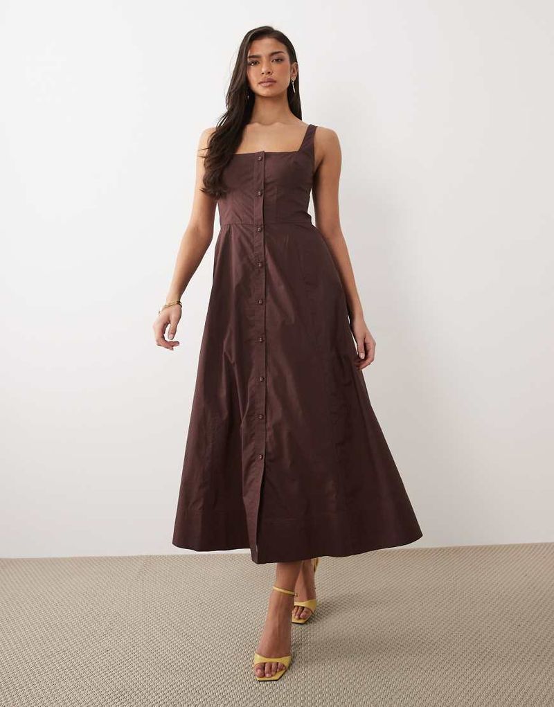 Robe patineuse mi-longue boutonnée à détail corset - Marron 32