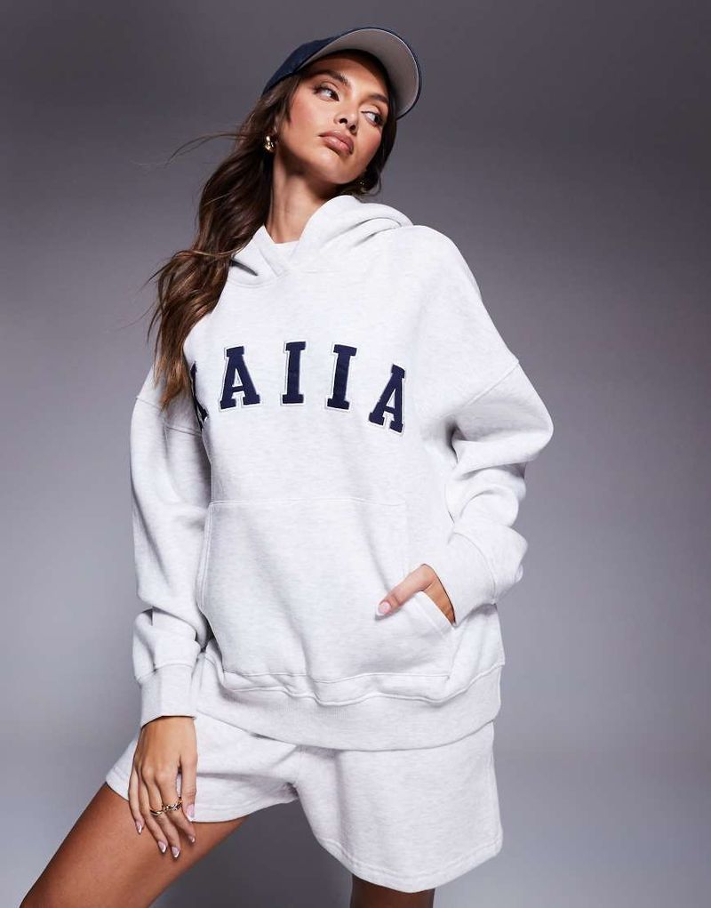 Oversize-Kapuzenpullover aus Baumwollmix in meliertem Hellgrau mit Logo-Stickerei, Kombiteil Grau 40