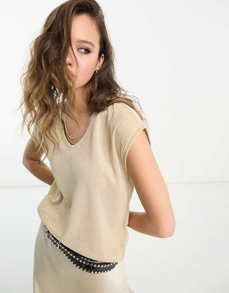 T-Shirt in Goldmetallic mit V-Ausschnitt-Goldfarben Goldfarben 34