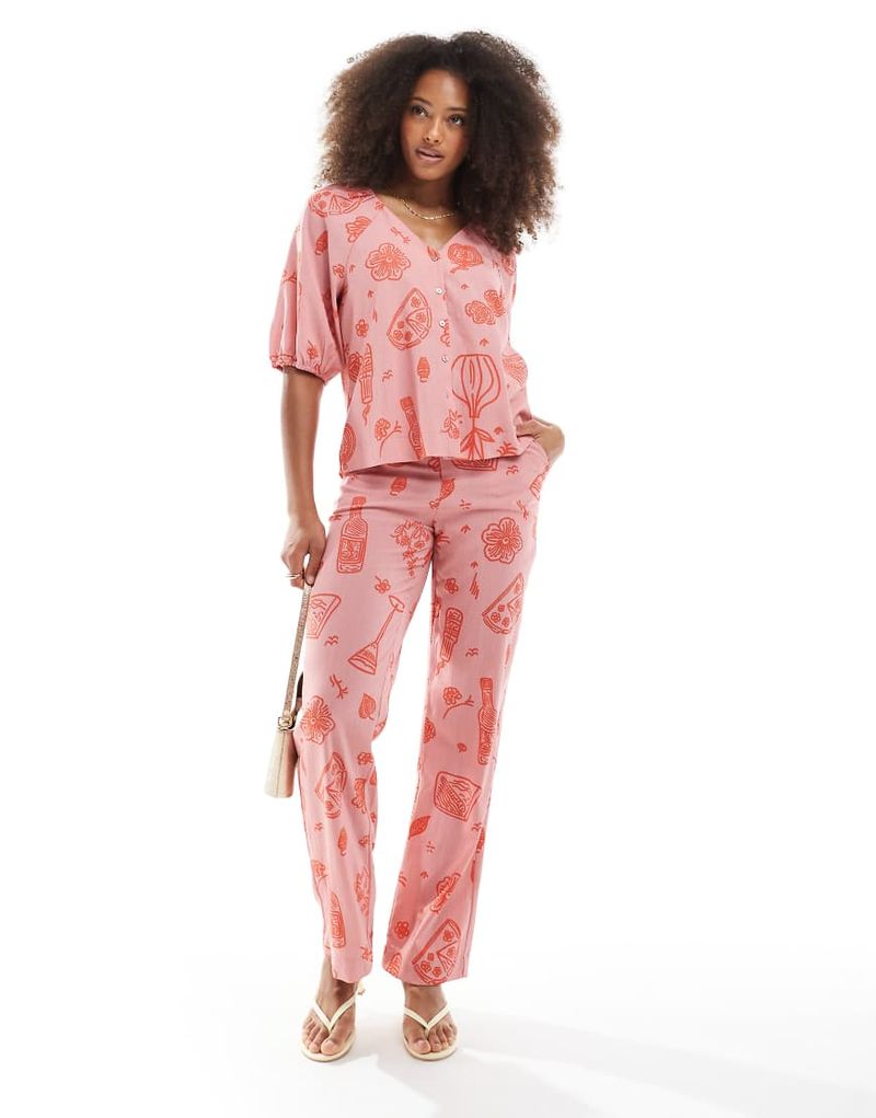 Weite Hose in Rosa mit Skizzenmuster und hohem Bund, Kombiteil Rosa 38