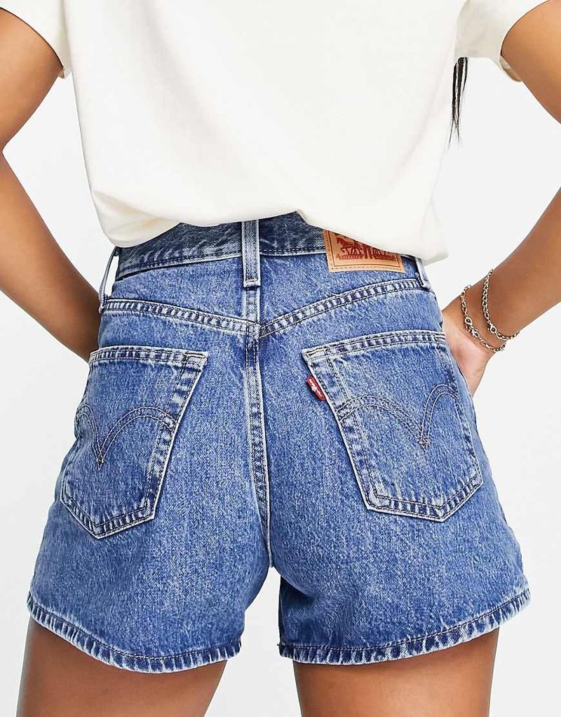 Short mom taille haute à délavage moyen-Bleu W30