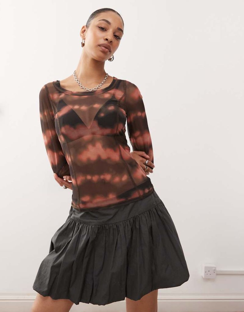 Top à manches longues semi-transparent en tulle imprimé flou - Chocolat-Multicolore 2XS