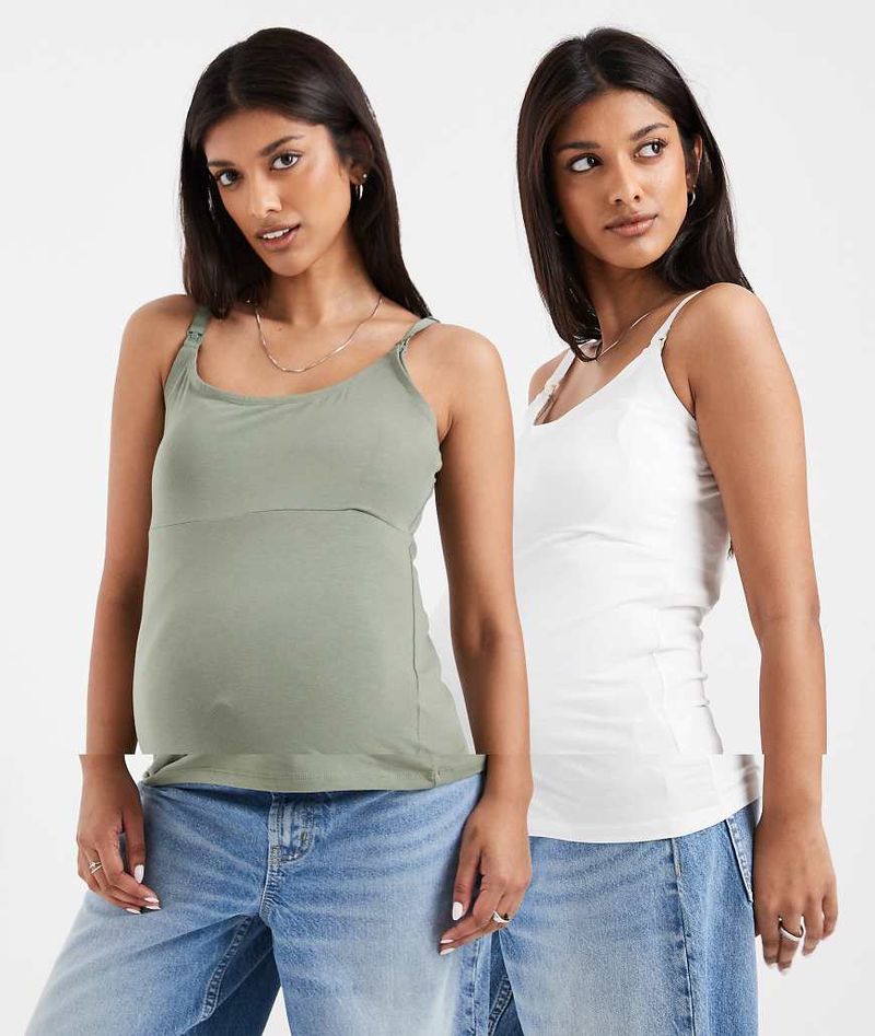 Mamalicious Maternity - Lot de 2 débardeurs d'allaitement - Kaki/blanc-Multicolore L