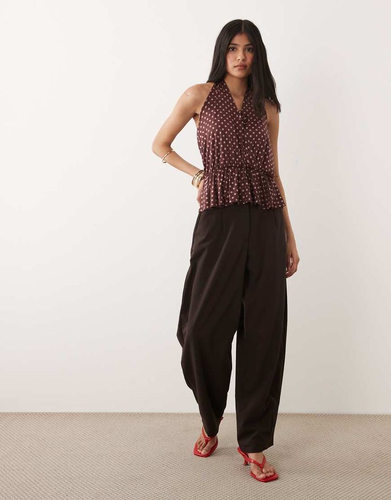 Neckholder-Wickeloberteil mit geraffter Taille und Polka Dots-Braun Braun L