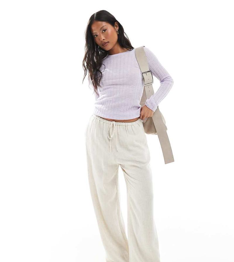 Pantalon large en lin mélangé avec cordon de serrage à la taille - Taupe-Bleu 38
