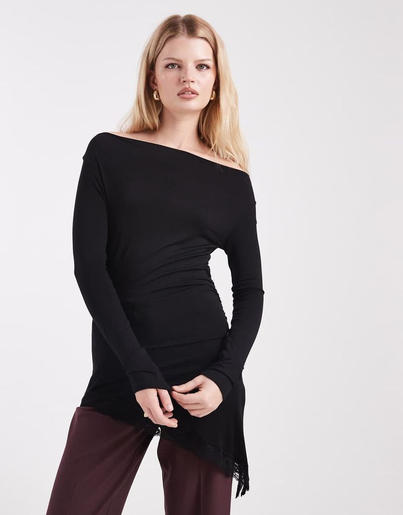 Top asymétrique près du corps à bords en dentelle-Noir S