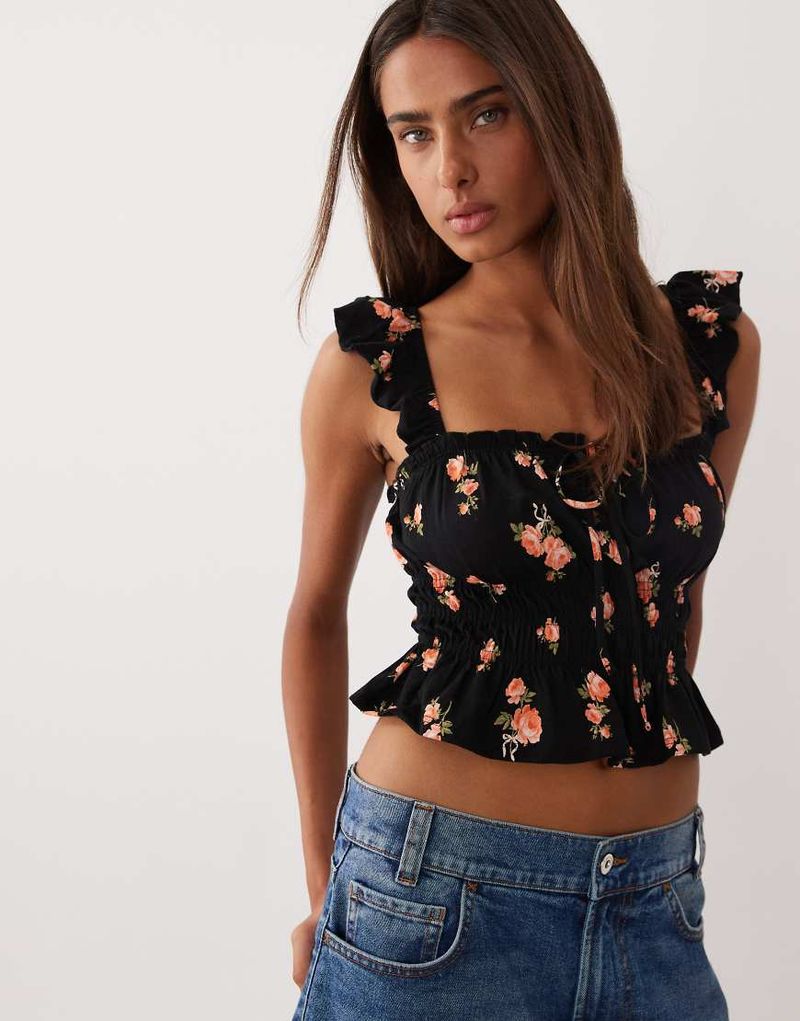 Top froncé à petites fleurs et manches volantées-multicolore 46