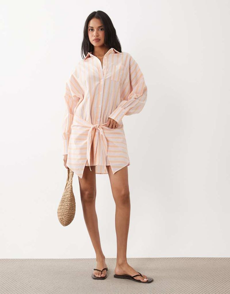 Robe chemise courte à taille croisée et fines rayures - Orange-multicolore XXS