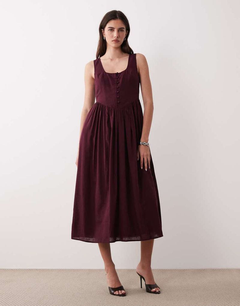 Cora - Robe mi-longue à corsage boutonné - Prune profond-Rouge 44