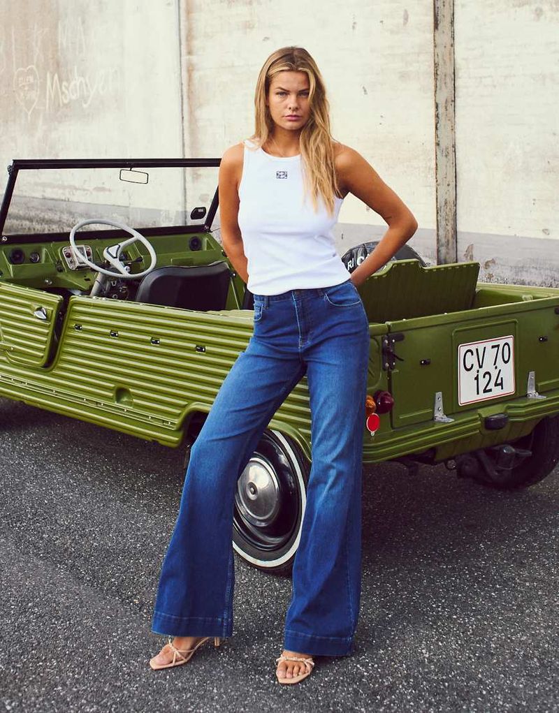 Rooxy - Pantalon évasé à taille haute en jean - Bleu moyen W26 L32