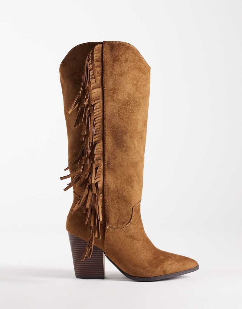 Kniehohe Westernstiefel in Hellbraun mit Fransen-Brown Brown 39