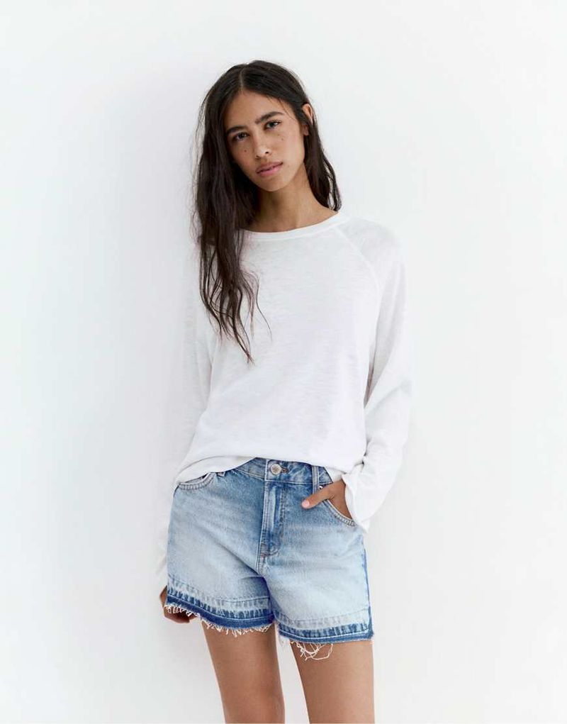 Bermuda-Jeansshorts in Mittelblau mit Patchwork-Design Blau 38
