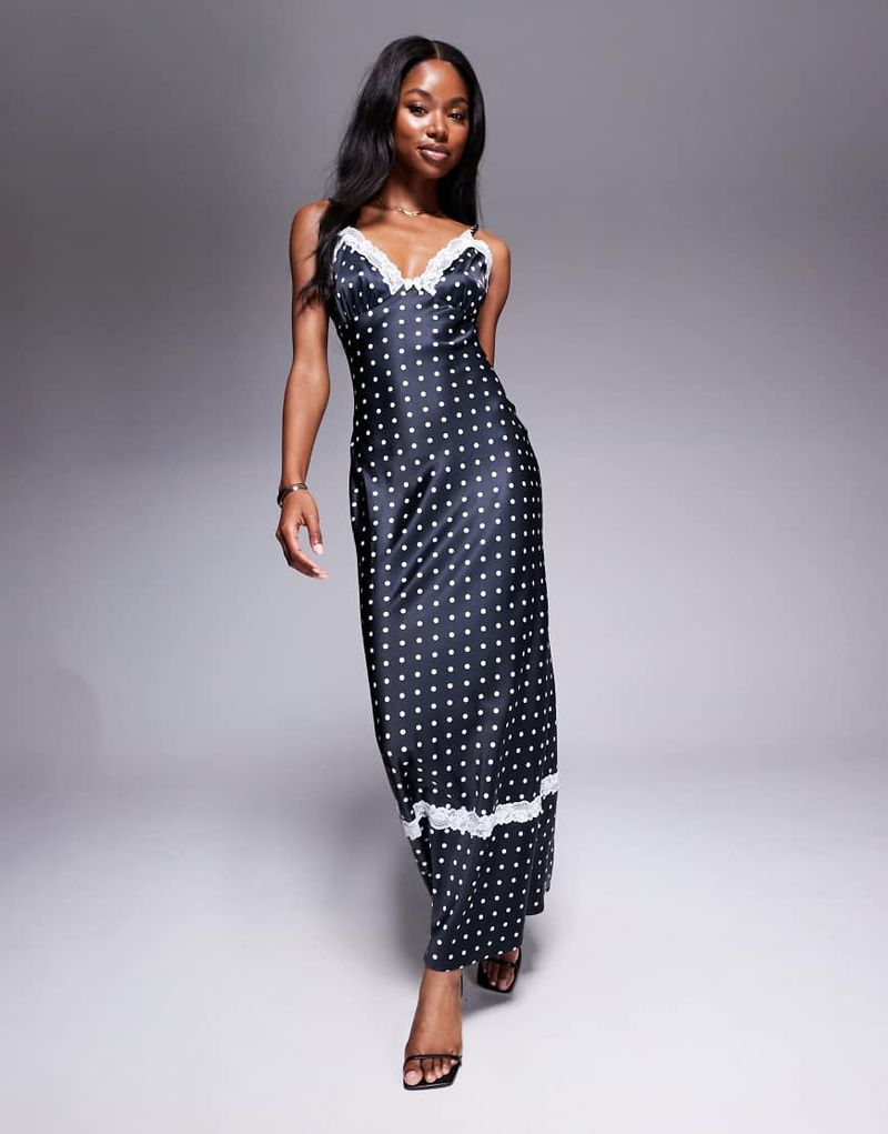 London - Robe longue satinée bordée de dentelle à pois - Noir et blanc 42