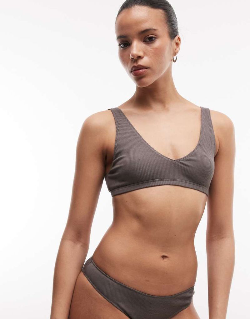 Soutien-gorge plongeant côtelé épuré à assortir - Taupe foncé-Brown M
