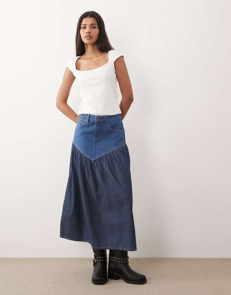 Maxi-Jeansrock in mittelblauer Waschung mit miederförmiger Taille Blau XS