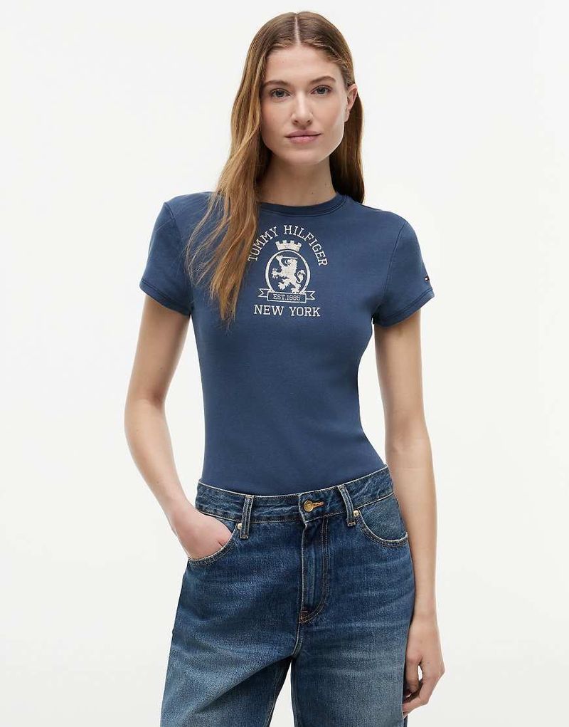 T-shirt ajusté à logo écusson - Bleu foncé délavé L