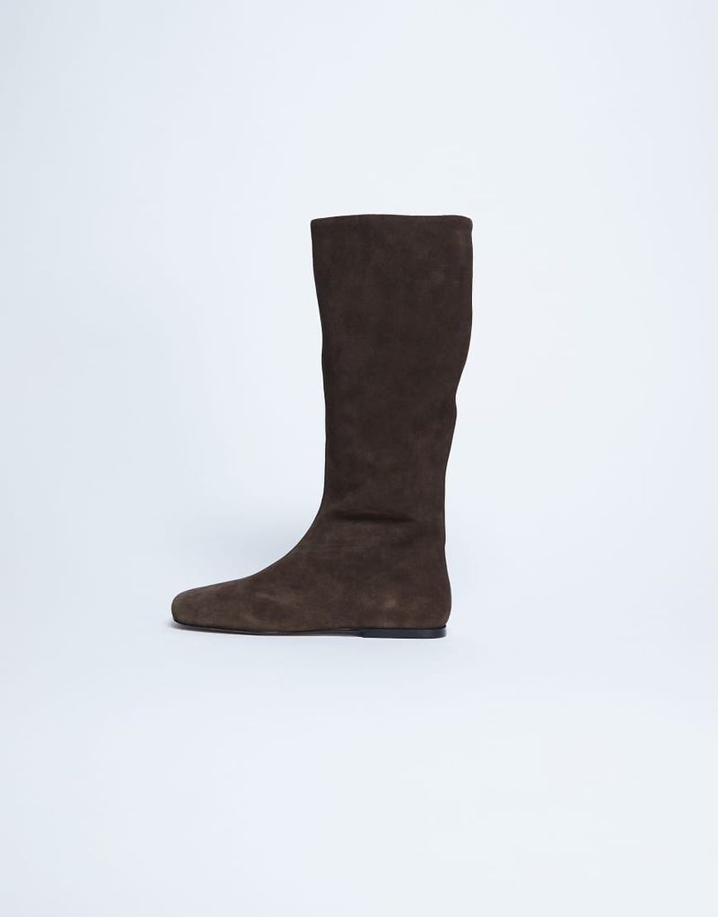 Tess - Bottes plates hauteur genou en daim véritable - Chocolat-Brown 36