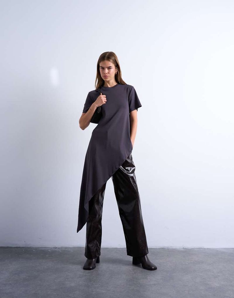 Top tunique près du corps asymétrique à manches courtes - Gris anthracite-Noir XS