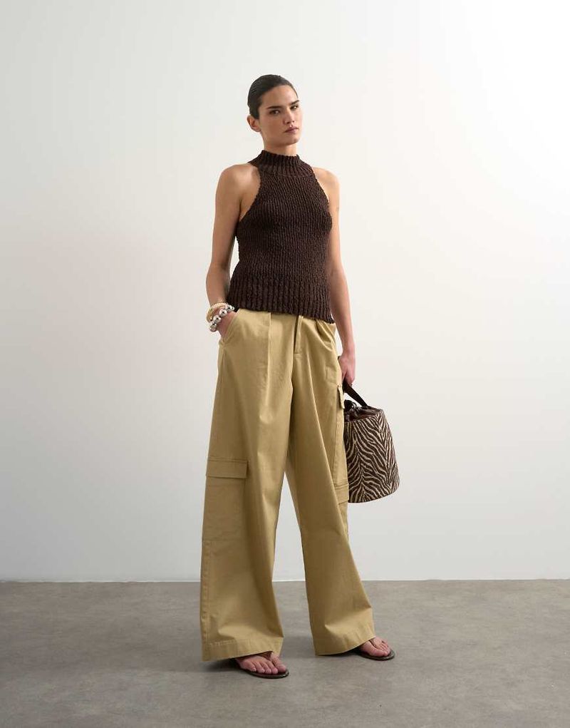 Pantalon cargo épuré coupe trapèze ample avec liens noués à la taille - Beige-Blanc 32