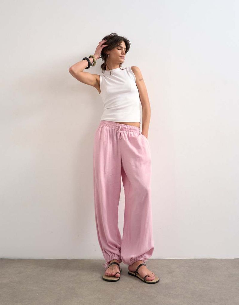 Pantalon coupe ballon en lin à taille élastique - Rose 40