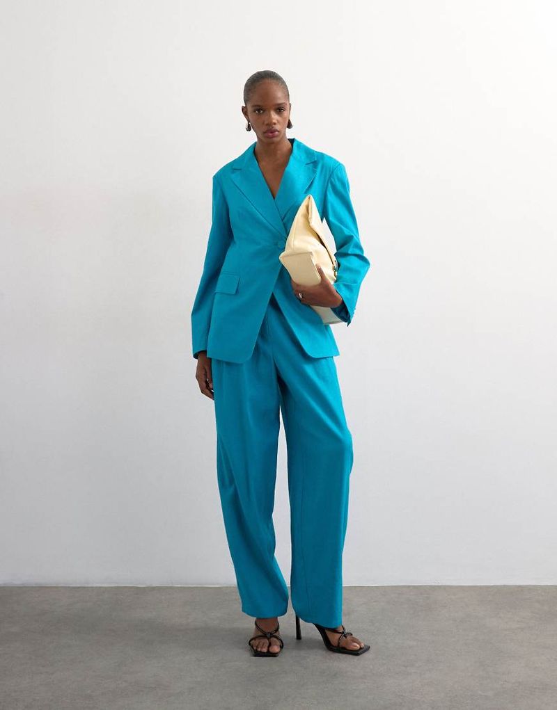 Pantalon d'ensemble ample et habillé en lin mélangé - Turquoise-Bleu 38