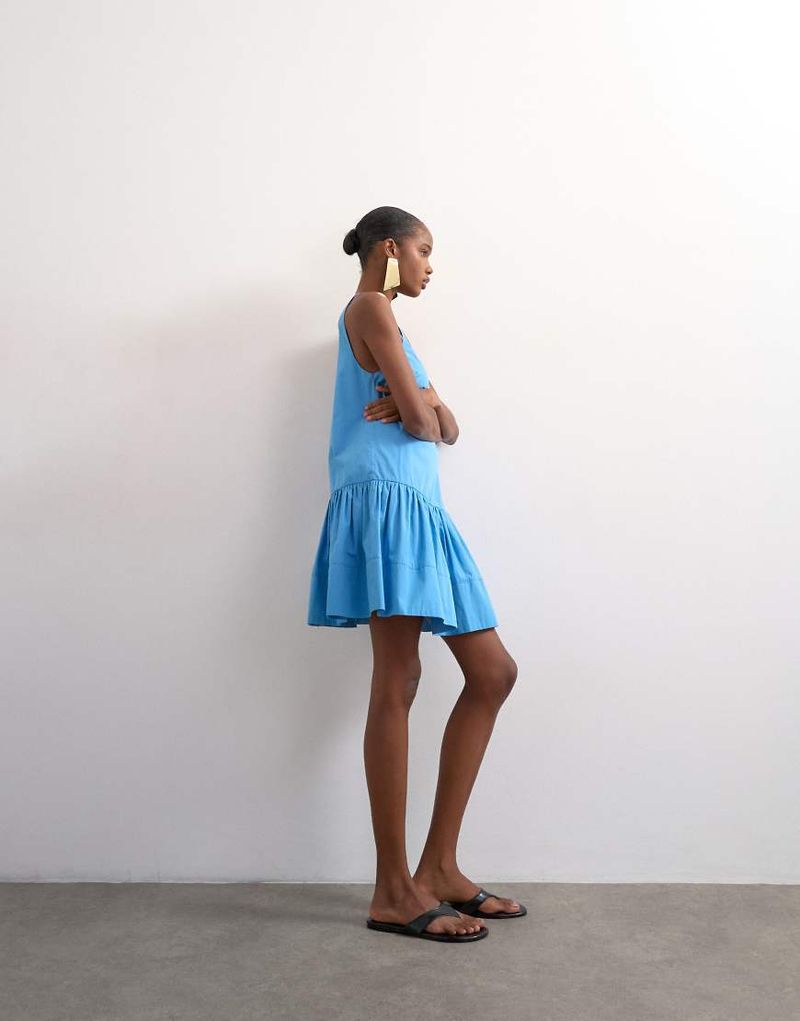 Robe d'été courte à enfiler en popeline à taille basse et encolure carrée - Bleu 44