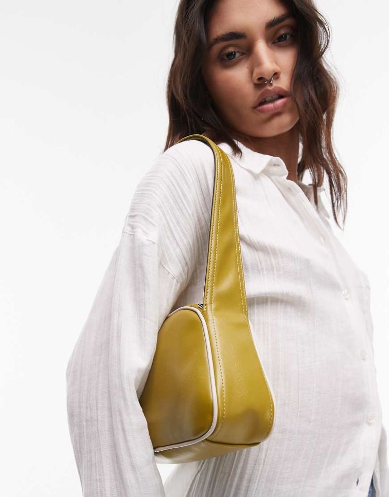 Stacy - Schultertasche in Grün mit weißer Paspelierung Grün One Size