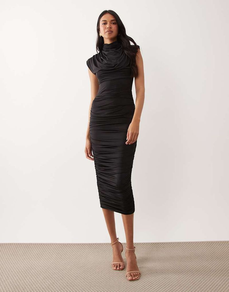 Robe mi-longue près du corps à col montant et épaulettes avec détail drapé - Noir 38