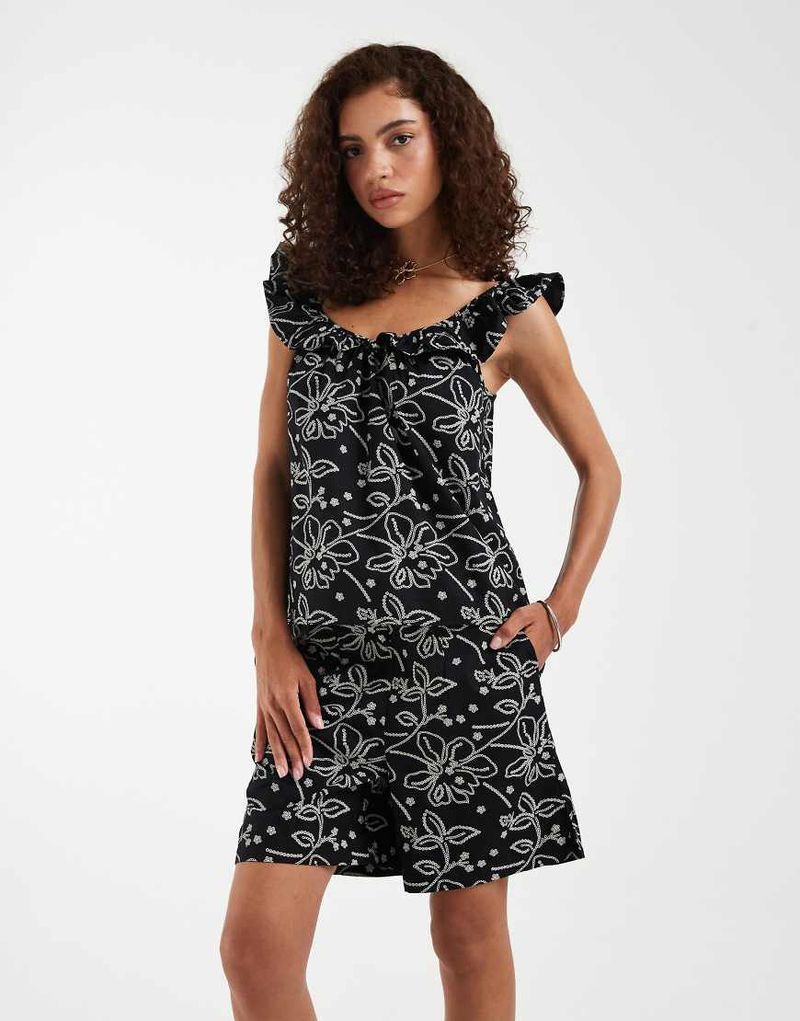 Short d'ensemble tissé à taille haute et imprimé fleurs - Noir et crème L