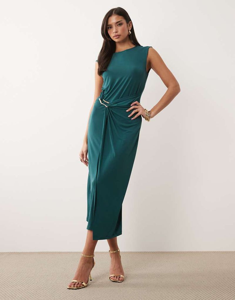 Robe mi-longue près du corps à taille cintrée effet martelé - Bleu sarcelle foncé-Vert XS