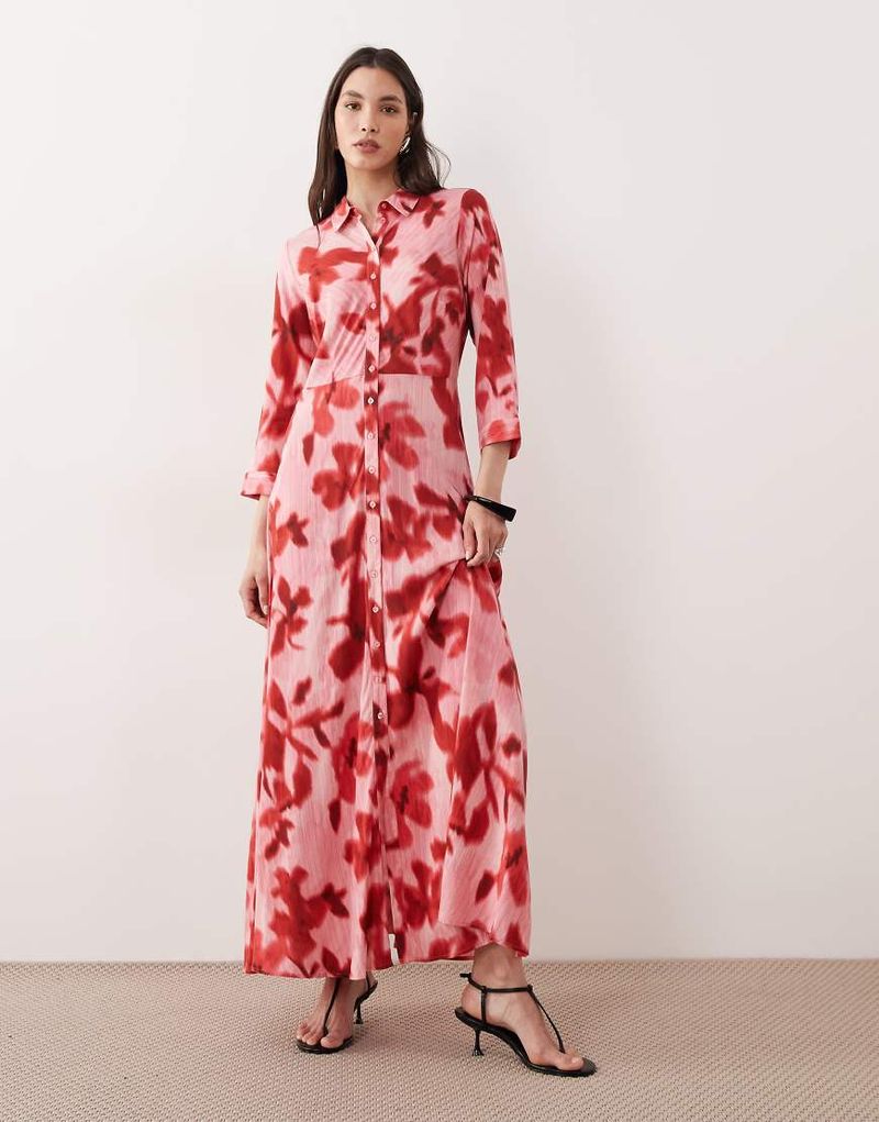 Maxi-Hemdblusenkleid in Rosa mit rotem Blumenmuster Rosa M