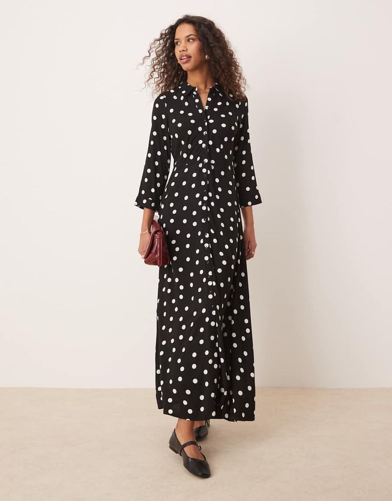 Maxi-Hemdblusenkleid in Schwarz mit Punkte-Muster Schwarz M