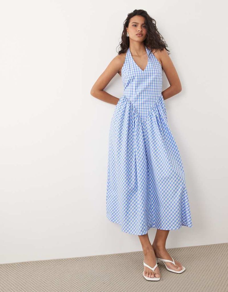 Robe longue dos nu à carreaux vichy et détail à la taille - Bleu 34