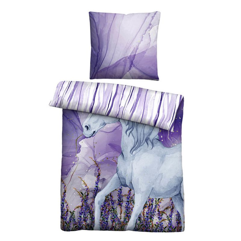 Baumwoll Renforce Bettwäsche Einhorn violett, 1x 135x200 cm + 1x 80x80 cm