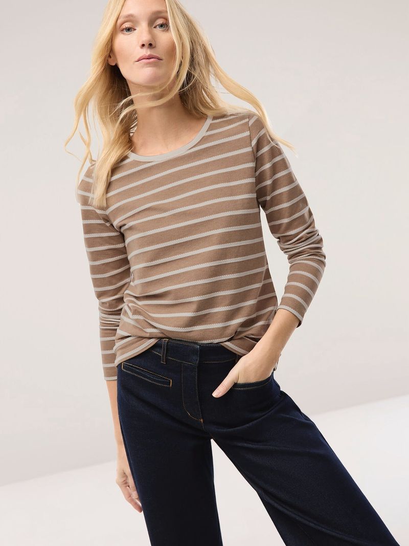 Baumwollshirt Ringelstruktur, normale Größen, Farbe Beige, 38, bequem, da elastisch weicher Baumwollmix Damen
