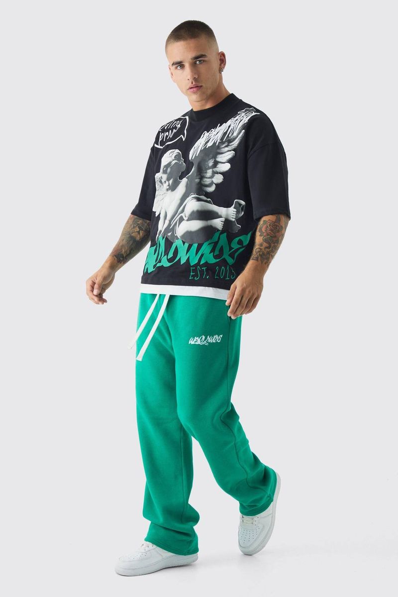 Herren Oversized Grafik Faux Layer T-Shirt und Jogger Hose Set Green Größe Medium