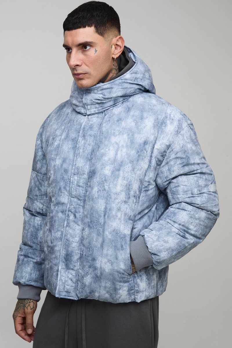 Herren Tall Oversized Fit Gewaschene Nylon Kapuzen-Stehkragen Daunen Pufferjacke Grey Größe Medium