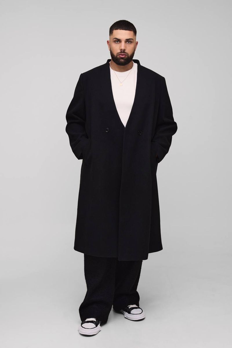 Herren Plus Oversized Boxy Zweireihiger Kragenloser Mantel Black Größe 2XL
