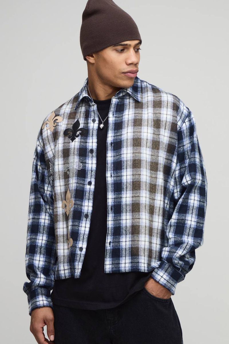 Herren Oversized Applikation Distressed Boxy Reverskragen Langarm Karo Hemd Blue Größe XL