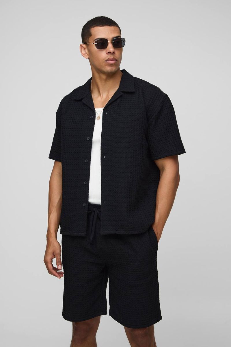 Herren Oversized Jumbo Waffel Revere Hemd und Shorts Set Black Größe XL