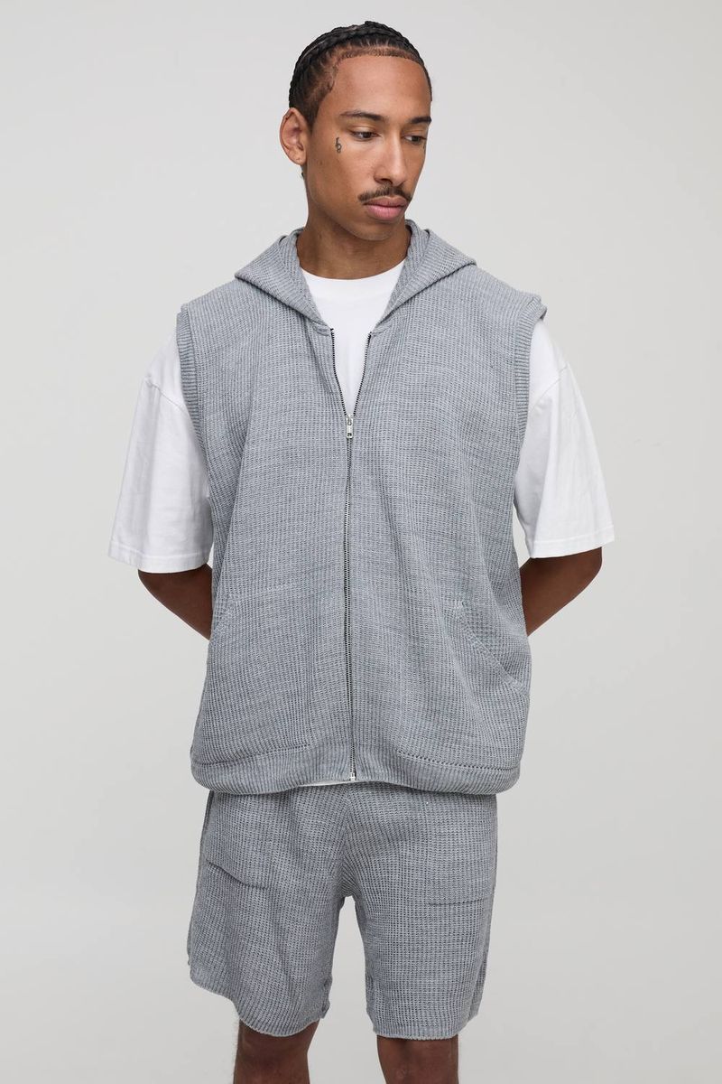 Herren Oversized Geripptes Strick-Hoodie Sweatshirt mit Reißverschluss und Shorts Set Light Grey Größe XS