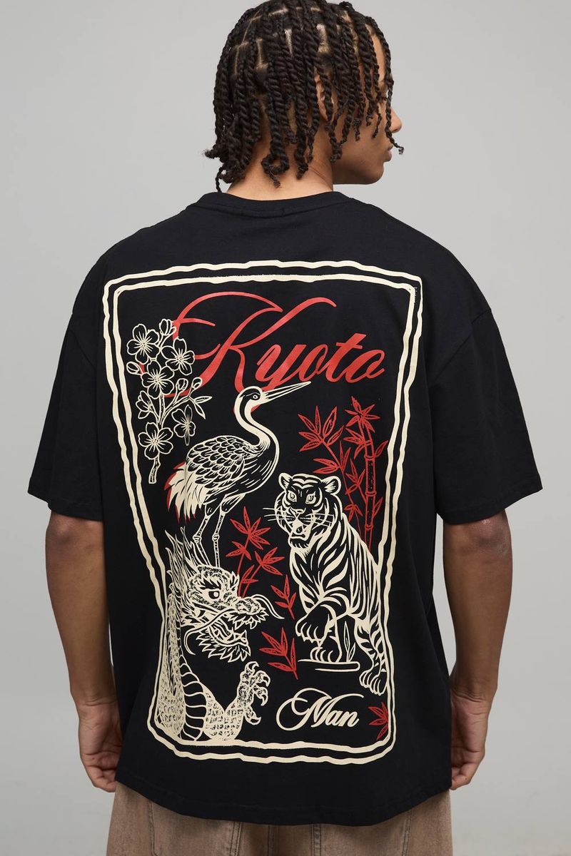 Herren Schwarzes Oversized Kyoto Postkarten Großdruck T-Shirt Black Größe XS