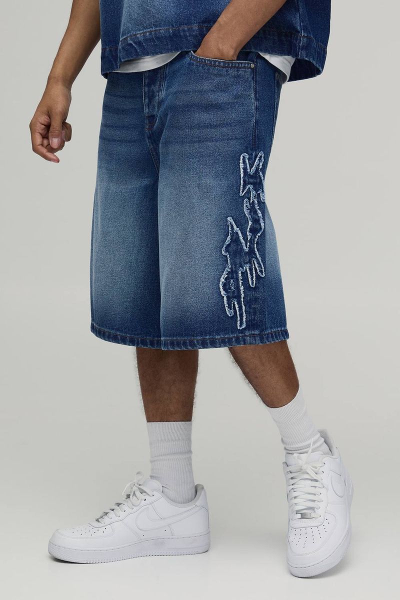 Herren Jeans Hosen-Shorts Mit Fallschirm-Applikation Mid Blue Größe 40