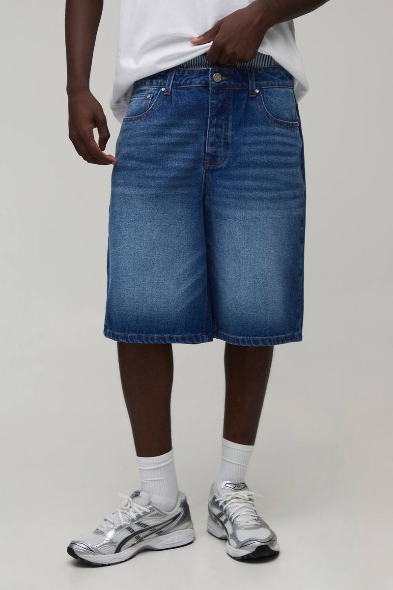 Herren Gestreifte Jeans Hosen-Shorts Mit Doppeltem Bund In Regulärer Passform Mid Blue Größe 34