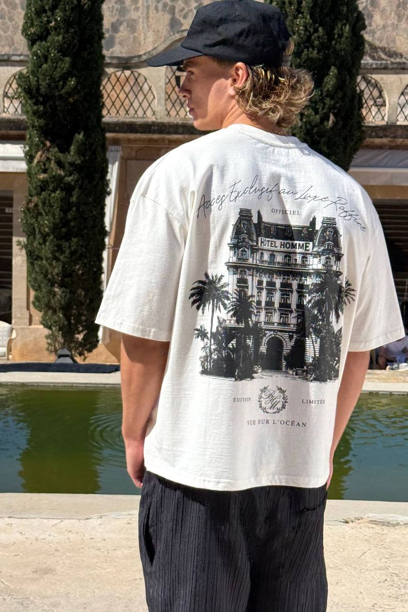 Herren Palm Palace Print Oversized Boxy T-Shirt Ecru Größe XL