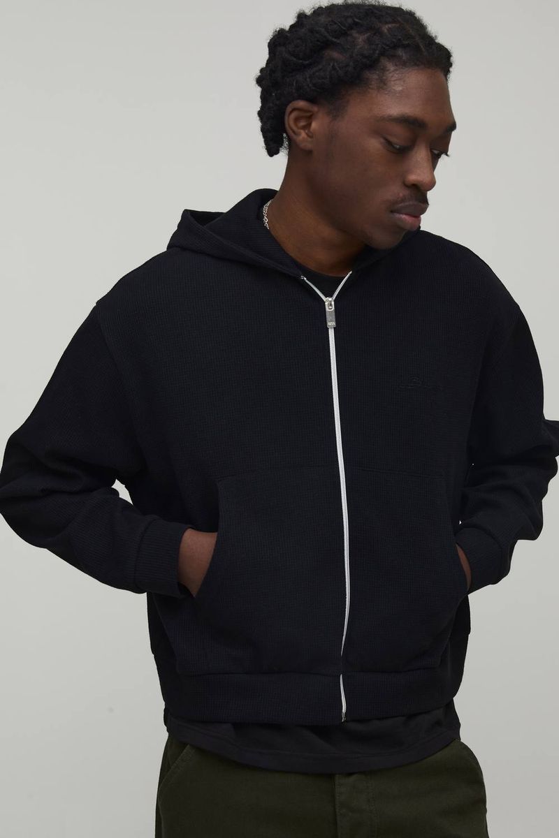 Herren Oversized Shrunken Waffel Durchgehend Reißverschluss Hoodie Sweatshirt Black Größe Medium